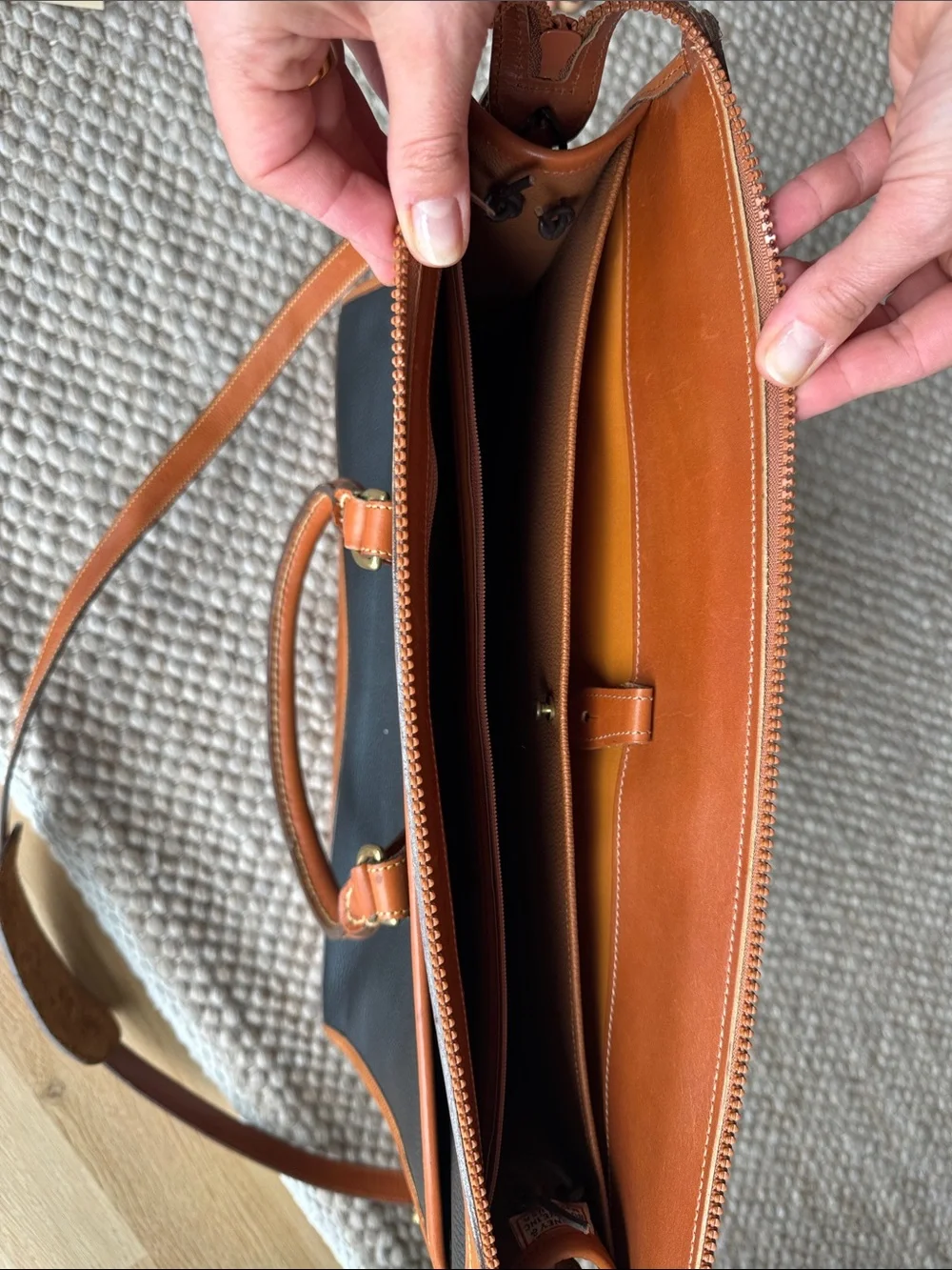 Dooney & Bourke Black Pebbled Leather Tote with Brown Trim